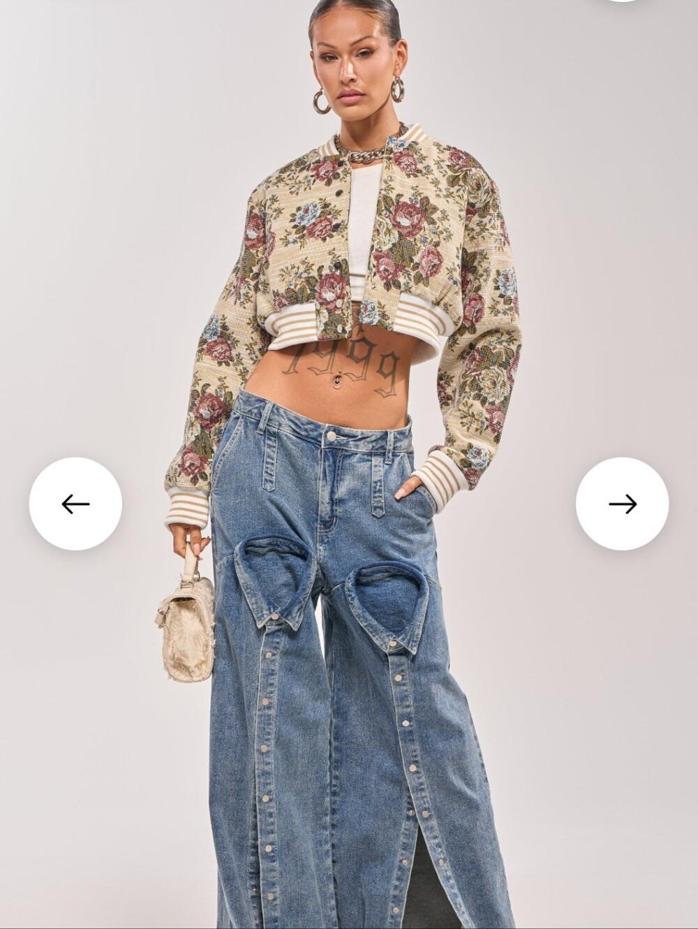 AKIRA Beige Floral Cropped Bomber Jacket - Picture 3 of 4